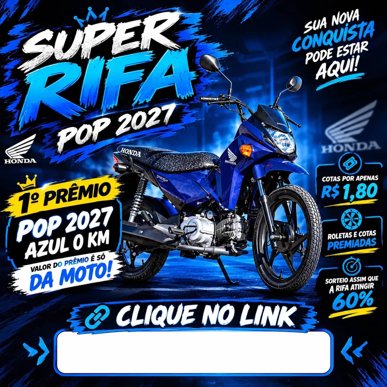Imagem da campanha Super Rifa da Pop 2027 Azul 0 KM 💙🍀