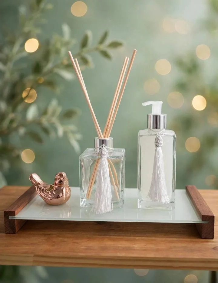 Kit Aromatizador 250ml e Sabonete Liquido perolado 250ml + Bandeja de Vidro e adereços - 10 aromas a escolher